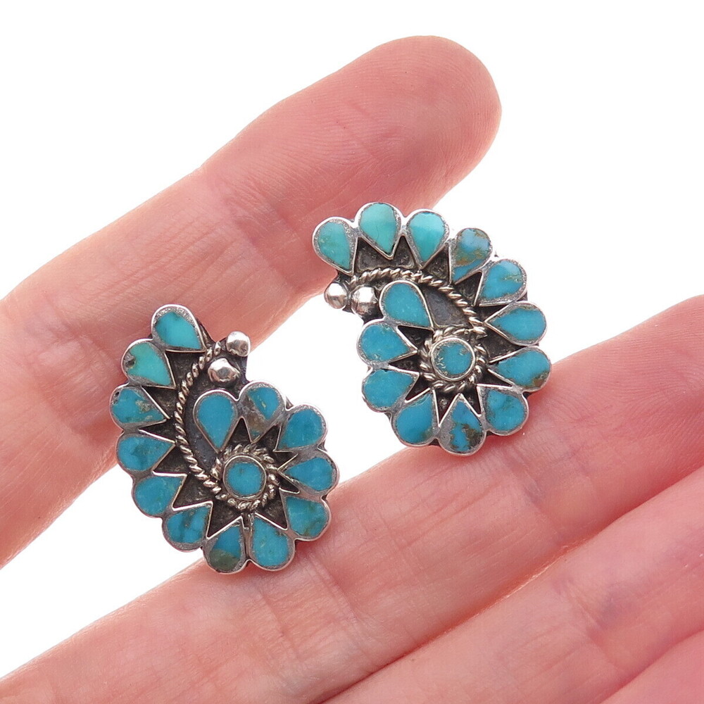 Old Pawn 925 Sterling Silver Vintage Turquoise Floral Tribal Screw Back Earrings